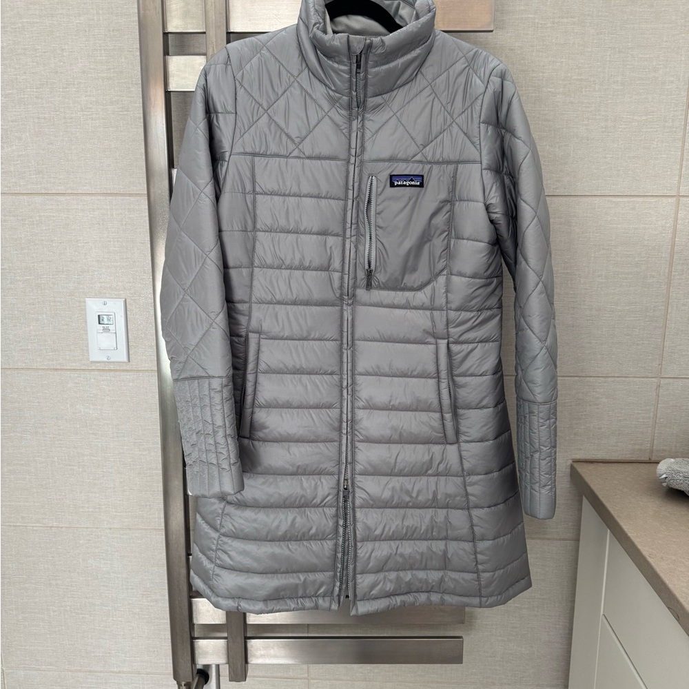 Patagonia Light Gray Puffer Coat with High Collar and Long Length
